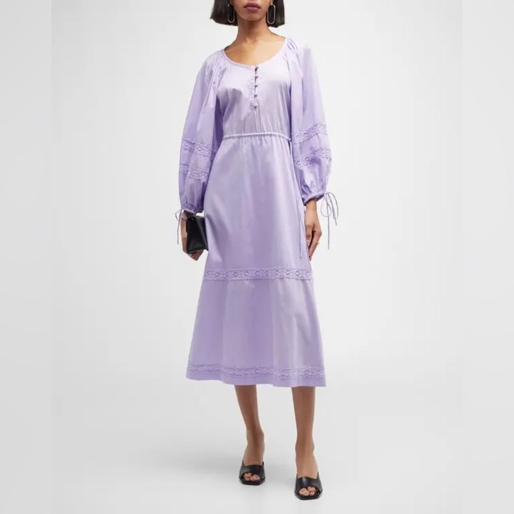 🪻NWT🪻Harshman Purple Belle Blouson-Sleeve Lace-Trim MIDI Dress MSRP $304 Sz M